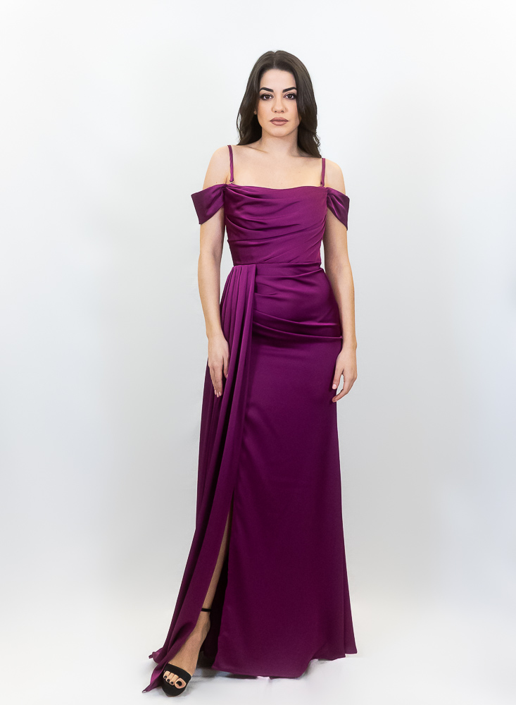 Gloria - Εντυπωσιακό φόρεμα off shoulder με σκίσιμο και ουρά - 1